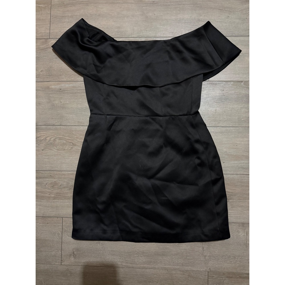 Sugar + Lips Black Satin Off The Shoulder Ruffle Mini Dress Size M Cocktail